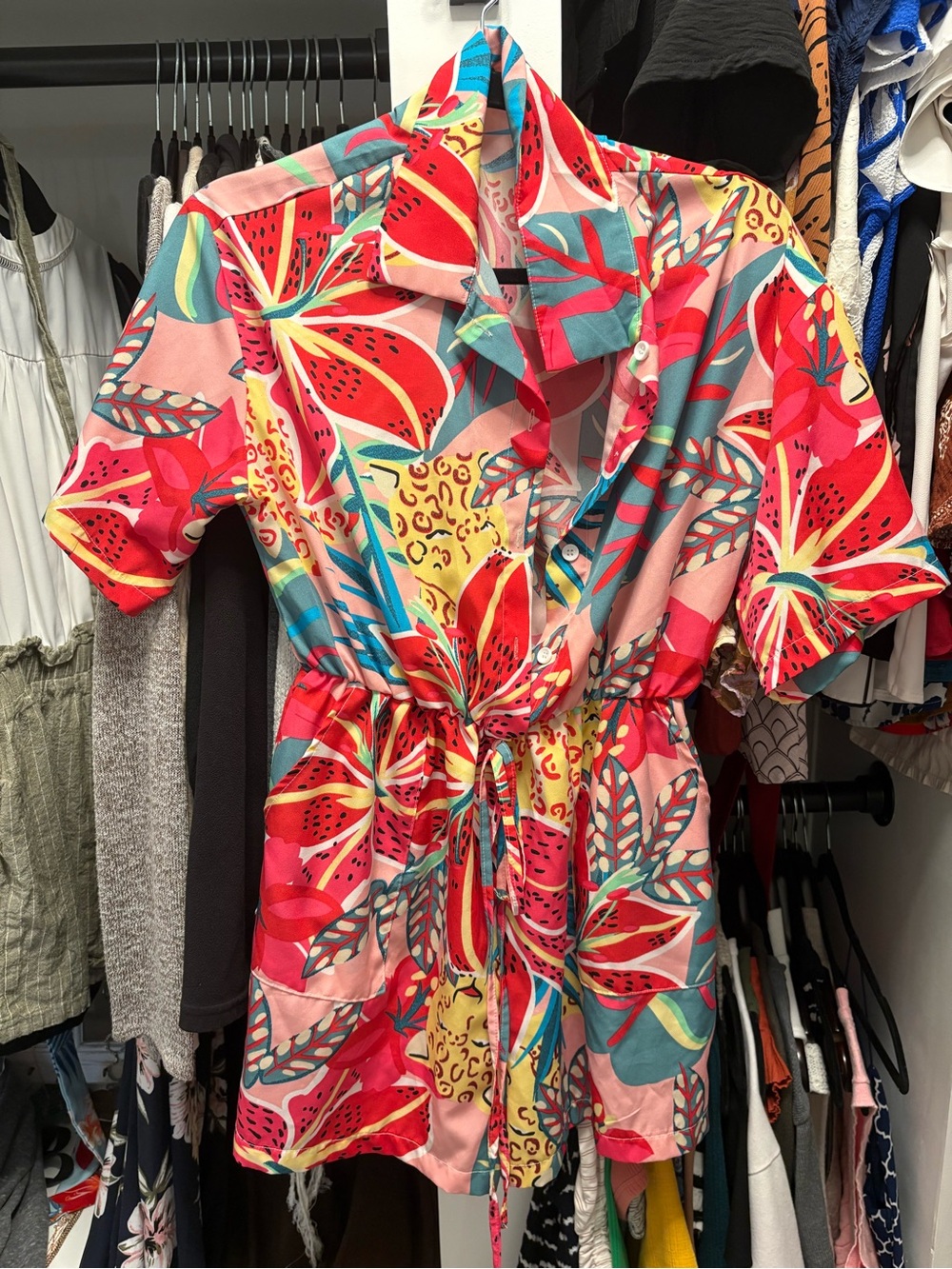 SHEIN Coral Pink Tropical Floral Drawstring Romper